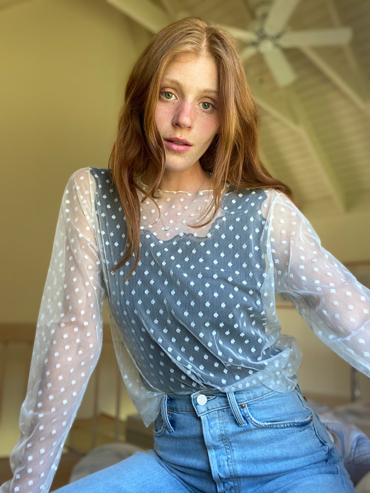 The "Clare" ivory sheer dot tulle top (also in black)!